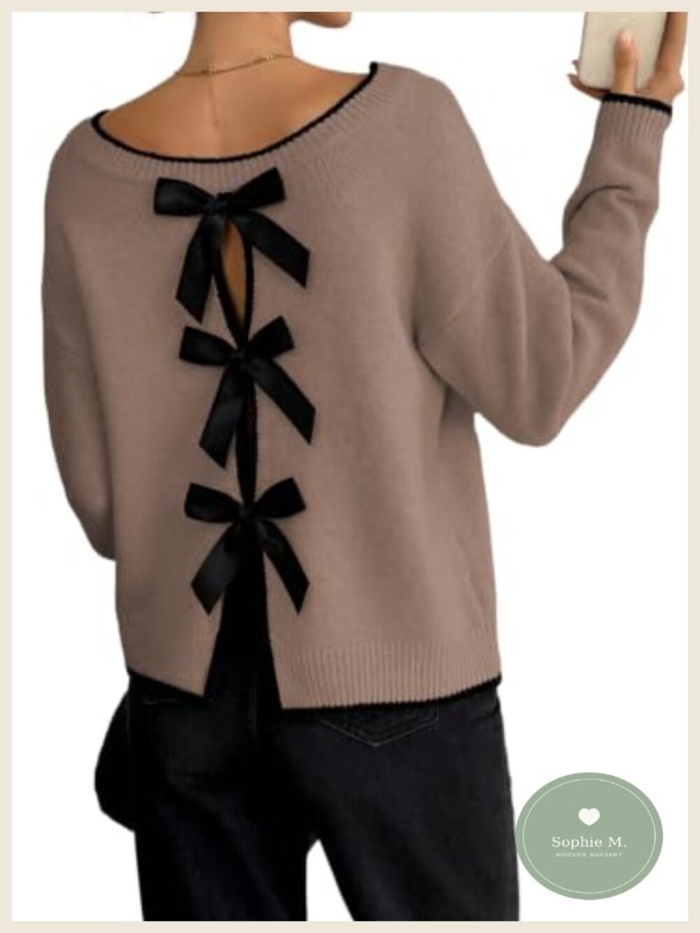 Womens Knit Pullover Sweater Open Back Ribbon Bow Contrast Trim Long Sleeve